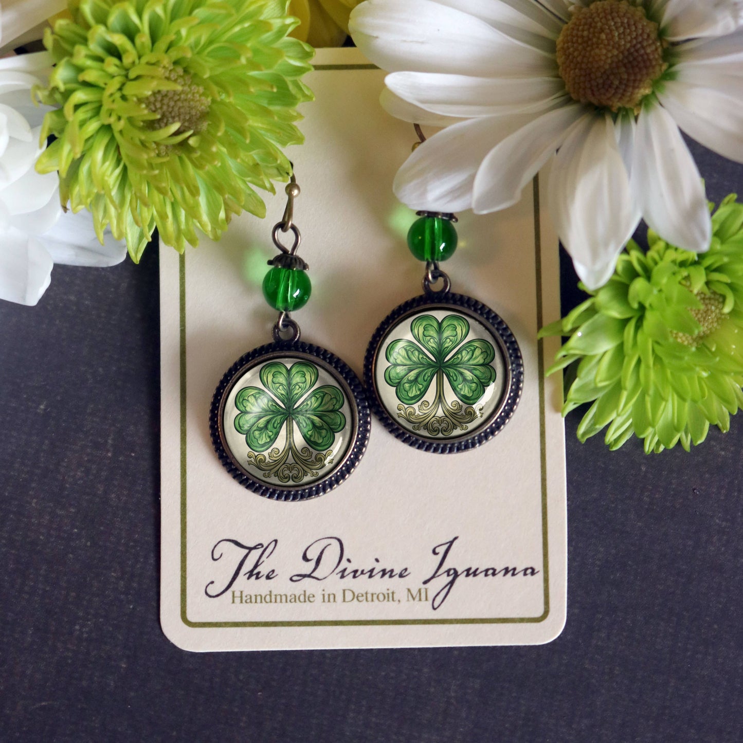 Classic Shamrock Glass Cabochon St Patrick's Day Earrings